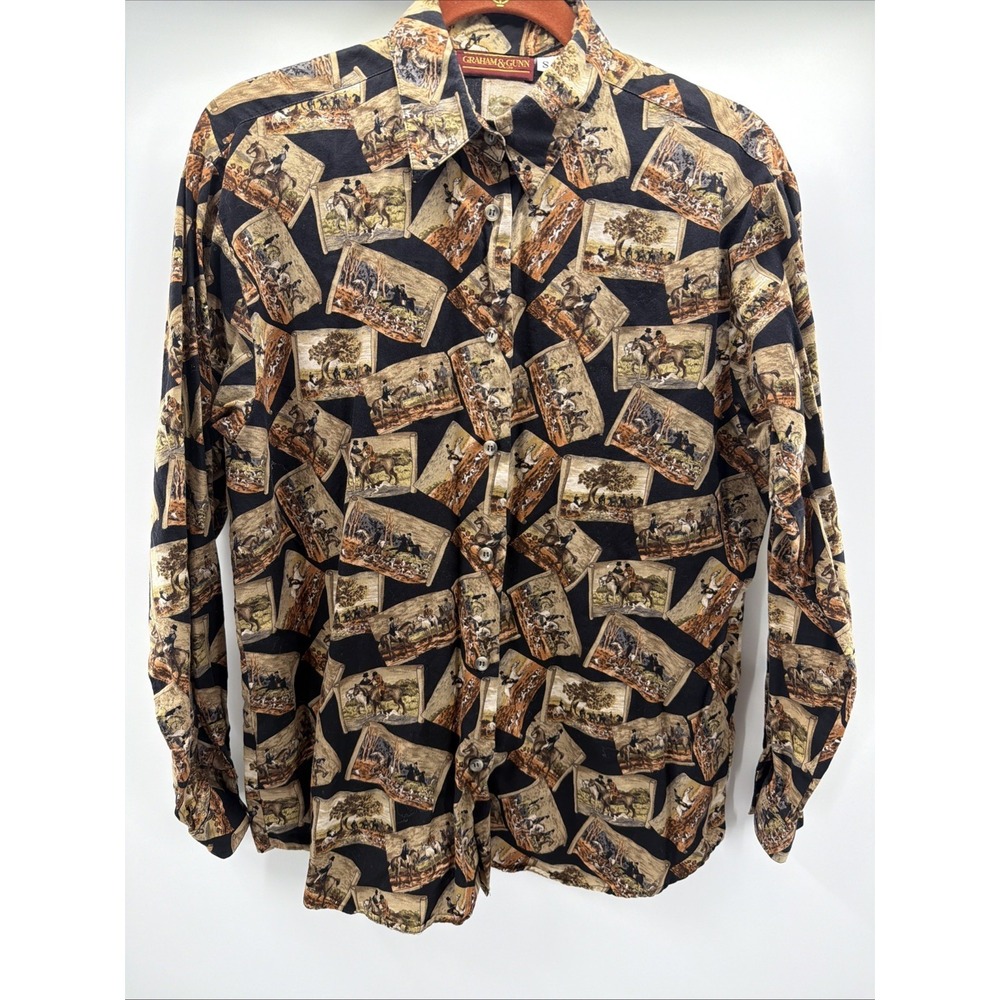 Graham & Gunn Button-Up Shirt Long Sleeve Equestrian Horse Rider Hunt Vintage S